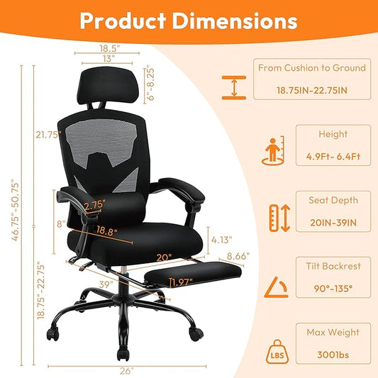 Desk Chair with Foot Rest, High-Back Mesh Office Chair with Wheels, Reclining Gaming Chair with Headrest and Adjustable Lumbar Support, 90°-130° Reclining, for Home Office and Gaming, Black