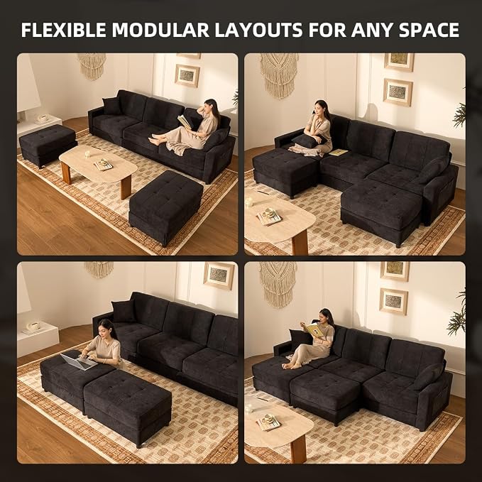 112" U Shaped Modular Cloud Sectional Couch, Waffle Fabric, Black | Modular Deep Seat Sofa, Movable Ottoman, Pocket Spring Cushions, 2-Box Delivery, Living Room Lounge Use, Not Boneless