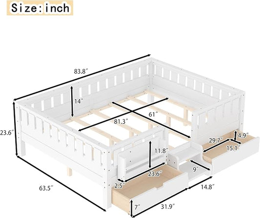 Bellemave Queen Size Bed with Slats and Stairs, Queen Size Platform Bed Frame with Fence, Bookshelf and Storage Drawers, Easy Assemble Beds for Girls, Boys, White