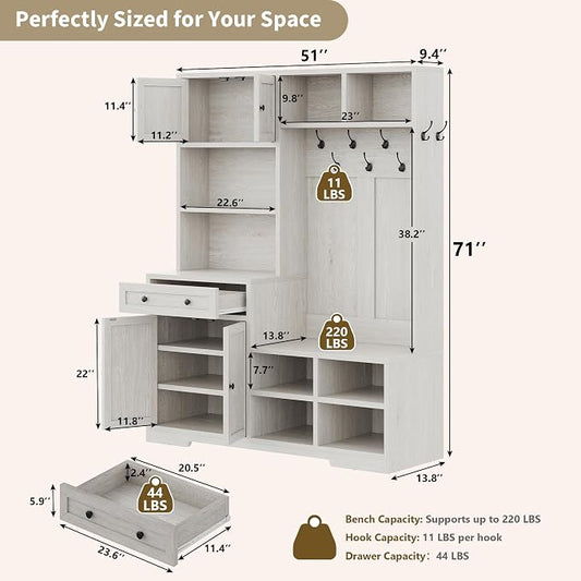 Einhomn 5-in-1 Hall Tree with Bench and Shoe Storage, 51" W Entryway Organizer Coat Rack with 9 Hooks, 2 Storage Cabinets, Drawer, Open Cubbies for Mudroom, Hallway, Living Room, Rustic White
