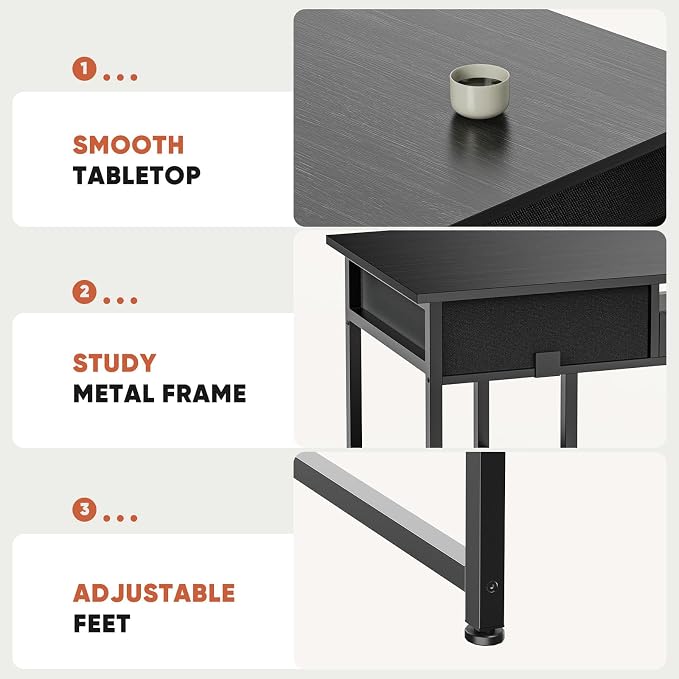 DUMOS 48" Small Computer Home Office Desk for Bedroom with Drawers, Gaming Writing Study Table with Storage Shelf, Adjustable Feet, Compact Desk for Gaming and Home Office Use, Metal Frame Black