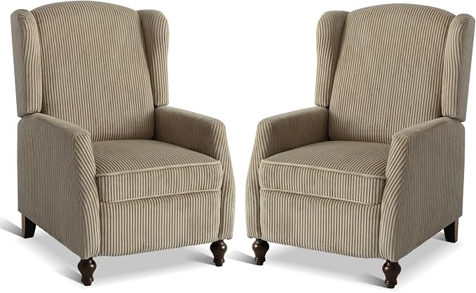 Upholstered Wingback Recliner Chair, Cozy Corduroy Manual Push Back Recliner for Living Room, Bedroom (2, Khaki)