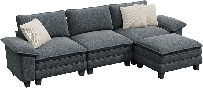 PHI VILLA Cloud Modular Couch Sets, 123.6" Sectional Sofa with L-Shaped Chaise, 4-Seater Upholstered Couches with Movable Ottoman for Living Room, Chenille Fabric, Dark Cyan