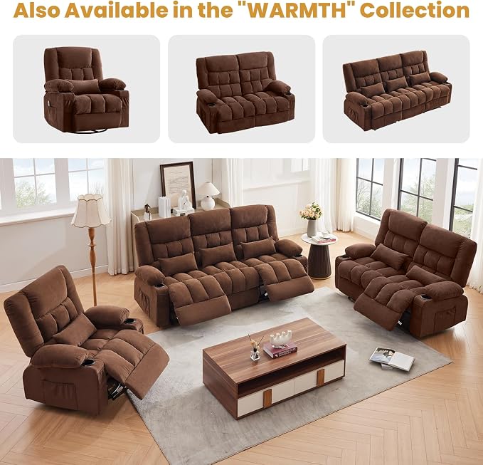 Swivel Recliner Chair for Adults with Vibration Massage and Lumbar Heat , Oversized Ergonomic Rocking Chair for Living Room and Bedroom, Featuring Side Pocket, 2 Cup Holders & USB Charge Port