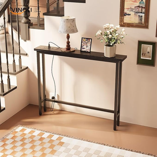 VINGLI 39" Console Table with Charging Station, 5.9" Narrow Sofa Table Behind Couch, Entryway Table with Power Outlet & 4.9 Ft Extension Cord & Adjustable Feet, for Living Room, Hallway, Black