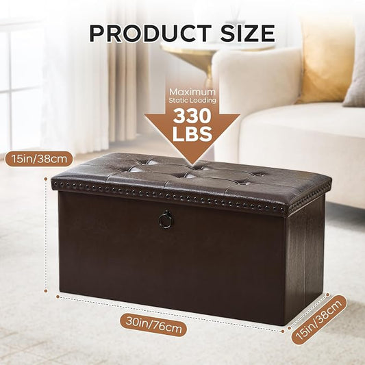 oakvivo 30 Inches Folding Storage Ottoman Bench, Ottoman PU Leather Tuffed End of Bed Bench, Foot Rest with Rivet Design, Ottoman with Storage for Living Room, Bedroom, Entryway, Coffee Brown