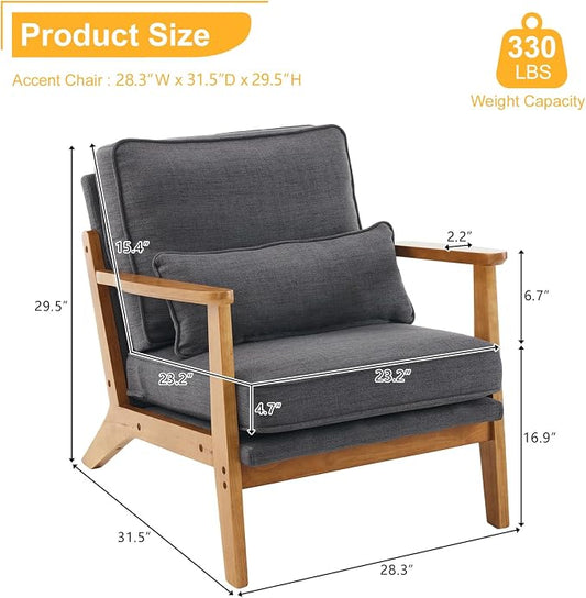 Karl home Mid-Century Lounge Accent Chair, Gray | Wide Curved Armrest, Linen Fabric, Lumbar Pillow Included, Solid Wood Frame, For Living Room, Bedroom, Balcony, Apartment