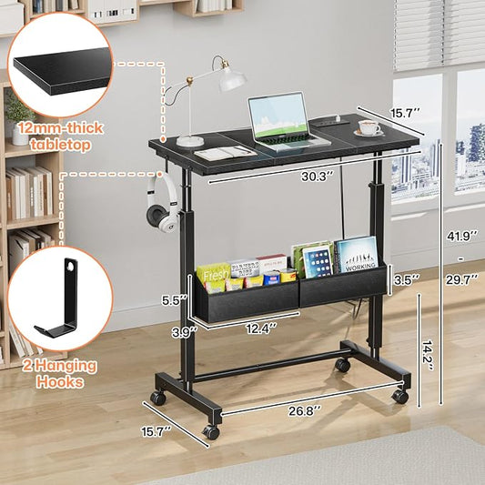 Small Mobile Standing Desk: 5-in-1 Charging Station - Power 5 Devices | Move & Charge in Any Room, Sit-Stand or Walk While Working, Store Supplies in Side Bags, Fits Small Spaces & Treadmills