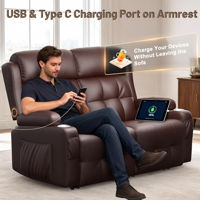 Power Loveseat Recliner with 2-Point Graphene Heat & Massage, Under-Seat Multi‑Color Adjustable LED Light Strips, Foldable Armrest, USB A/C, Wall Hugger Recliner Couch for RV Home Theater