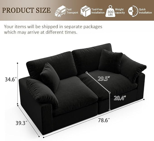 Modular Sectional Sofa Cloud Couch,78.6" Down Filled Comfy Cloud Modern Sofa,2 Seater with Black Linen Couch Cushion Covers Removable Furniture for Living Room