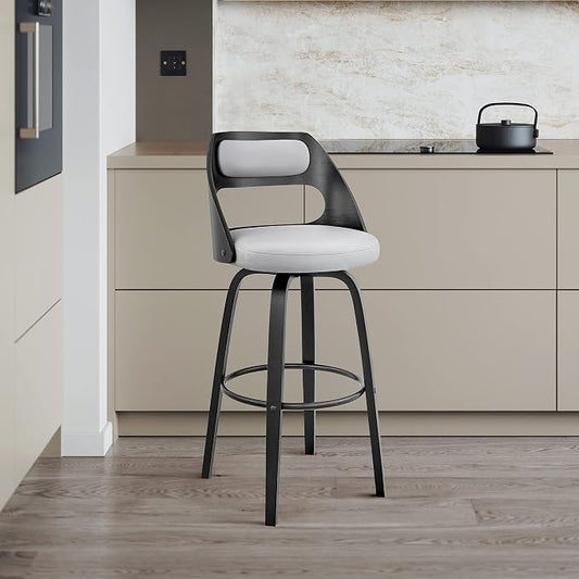 Armen Living Julius Mid Century Modern Swivel Bar Stool for Kitchen Island Counter in Gray Faux Leather and Black Wood, 26" Seat Height