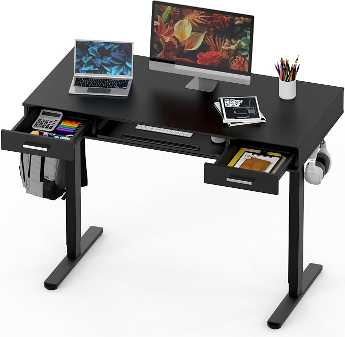 SHW 48-Inch Electric Height Adjustable Desk with Keyboard Tray and 2 Drawers, Black