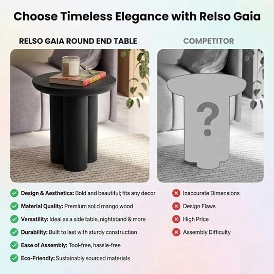 Relso Gaia Round End Table for Living Room and Bedroom, Solid Mango Wood Side Table or Nightstand, Black Finish, Compact Rustic Design, Boho Modern Farmhouse Style