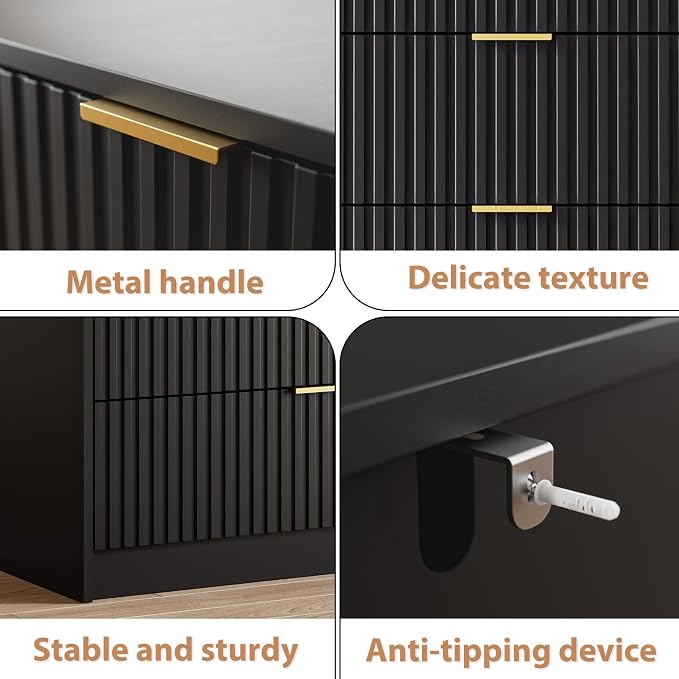 MAISONARIA 3-Piece Dresser Bedroom Set, 5 Drawer Dresser & 3 Drawer Nightstands with Gold Handles, Fluted Wood Chest of Drawers for Bedroom, Living Room, Entryway, Black