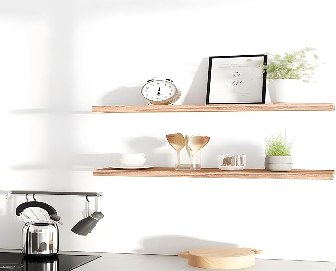 YYWUOJJ Wood Floating Shelves for Wall Decor, Rustic Wall Shelves for Bedroom Bathroom Kitchen Living Room, Set of 4 Light Walnut 48 Inch