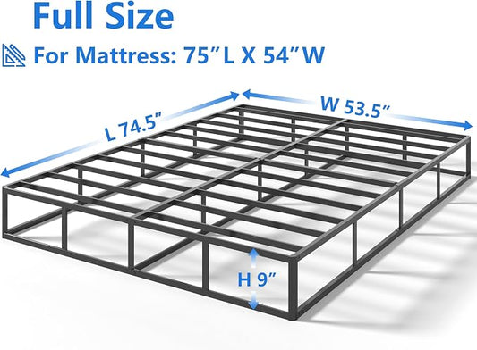 Qingzhou Box Spring Full Size Bed Bases, 9 Inch High Metal Full Size Box Spring Only, Heavy Duty Mattress Foundation with Fabric Cover, Easy Assembly, Quiet Noise Free, Non Slip, Black