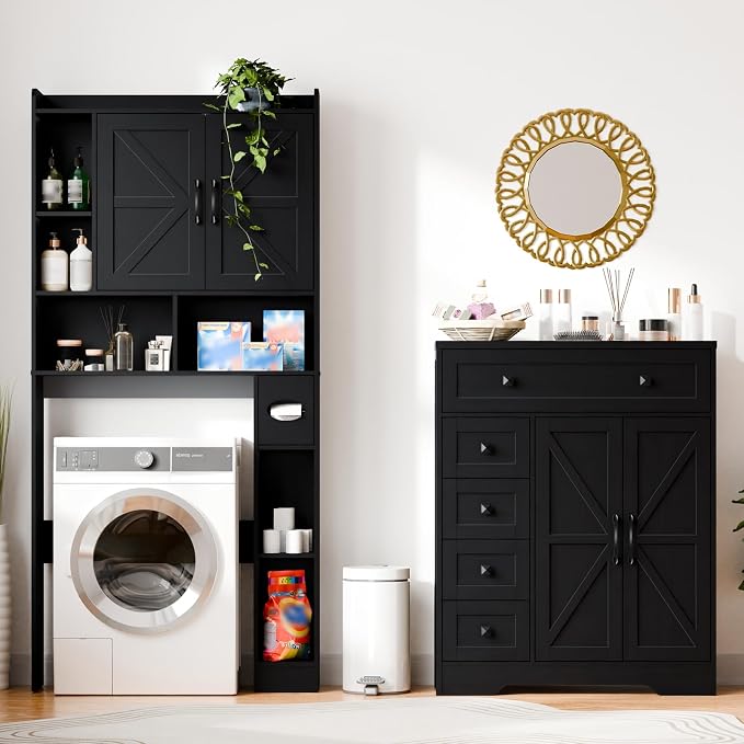 Vabches Farmhouse Storage Cabinet with 2 Doors and 5 Drawers, Freestanding Bathroom Cabinets Kitchen Pantry, Floor Storage Cabinet Hutch Cupboard for Living Room/Bathroom/Kitchen.Pure Black