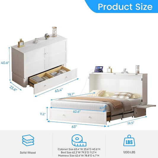 PUREMIND Queen Murphy Bed Cabinet, Murphy Bed with Mattress Included, Storage Drawer and Bedside Panel, Built-in Charging Station, Solid Wood Space-Saving Wallbed Hideaway Beds for Guest Room