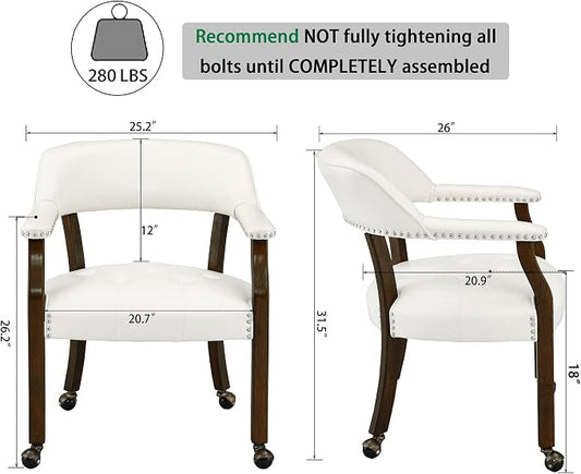 LEEMTORIG Set of 4 Dining Chairs with Casters and Arms, Large Rolling Dining Chairs with Wheels, Poker Table Chairs, Solid Wood Boss Caption's Chairs Office Chairs, Espresso Legs & Ivory PU SY-318-WT