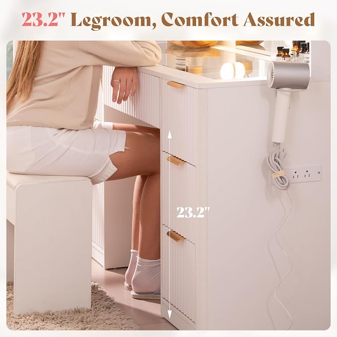 AMERLIFE 36.2" Fluted Vanity Desk with Mirror and Adjustable LED Lights, Large 4 Drawers Makeup Vanity Table with Glass Top and Charging Station for Women and Girls, Bedroom or Dorm, White
