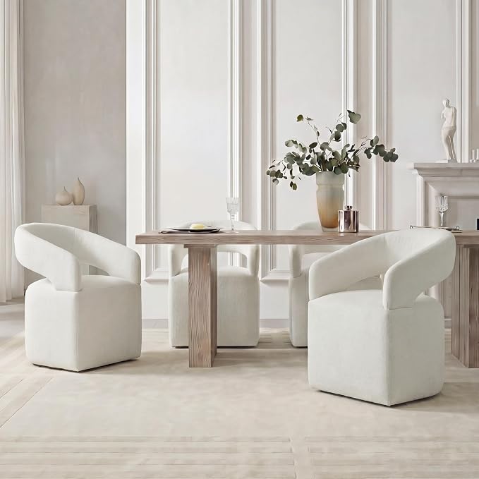 KISLOT Upholstered Dining Chairs Set of 1, Modern Arm Kitchen & Dining Room Chairs with Hidden Casters, Linen Fabric Padded Rolling Chairs, Sturdy Wood Frame, 300 lbs Capacity, Ivory White