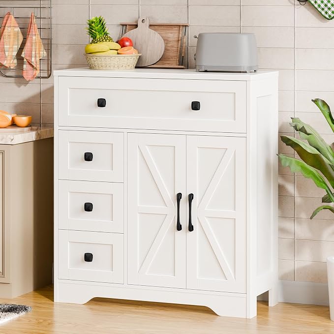 Vabches Farmhouse Storage Cabinet with 2 Doors and 4 Drawers, Freestanding Bathroom Storage Cabinet Kitchen Pantry, Floor Hutch Cupboard for Living Room/Bathroom/Kitchen,(Unique White)