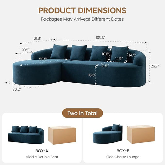 105" Boneless L Shaped Sectional Couch, Curved Cloud Deep Seat Sofa with Chaise Lounge, Oversized 4 Seater Couches for Living Room, No Assembly, Chenille Blue