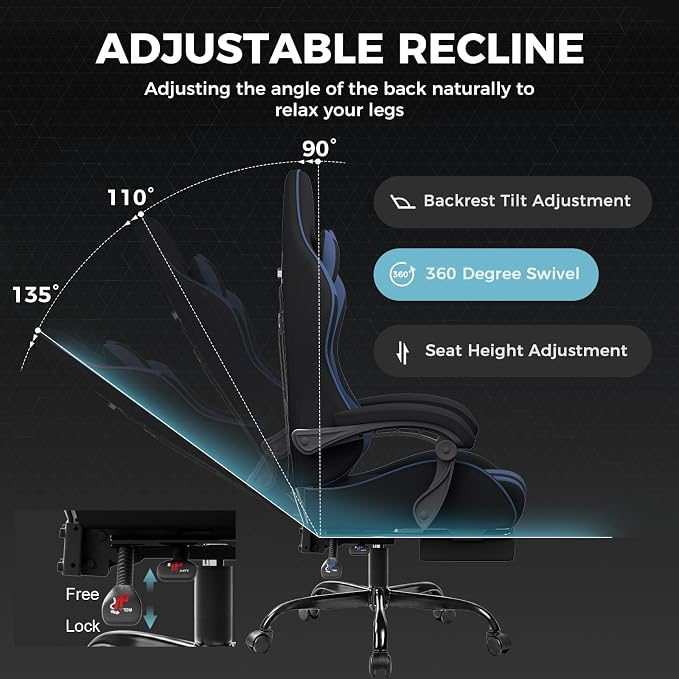 GTPLAYER Gaming Chair, Computer Chair with Footrest and Lumbar Support, Height Adjustable Game Chair with 360°-Swivel Seat and Headrest and for Office or Gaming (Blue, Fabric)