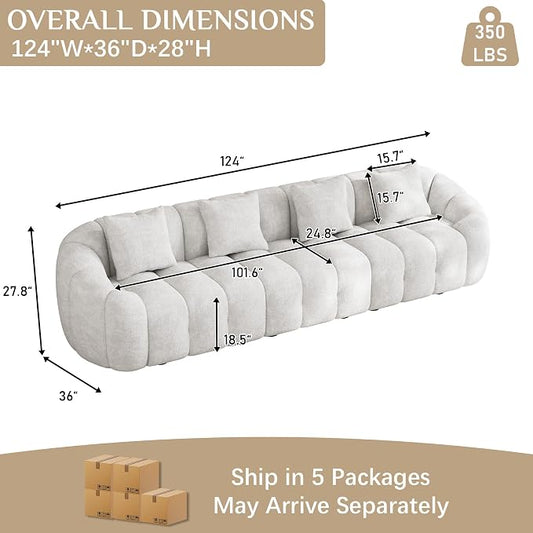 124" Oversized Minimalistic Boucle Sofa for Living Room, Luxury Plush Extra Deep Seat Sectional Sofa, Modern Comfy Curved Cloud Couch, Upholstered 5-Seater Chenille Couches, Beige White