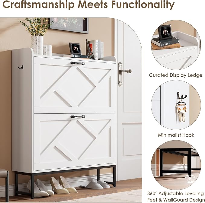 Nicetree Shoe Cabinet with 2 Flip Drawers, Freestanding Shoe Organizer, Shoe Cabinet with Metal Legs, Narrow Shoe Rack Cabinet for Entryway, Foyer, Hallway, White