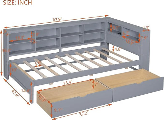 Bellemave Twin Corner Bed Frame, Wood Twin Size Daybed with L-Shaped Bookcase and 2 Drawers,Daybed with Storage Cabinets, Gray