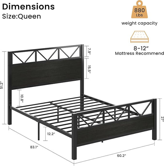 LIKIMIO Queen Bed Frame, Tall Industrial Headboard 51.2 ", Platform Bed Frame with Strong Metal Support, Solid and Stable, Noise Free, No Box Spring Needed, Easy Assembly, Black