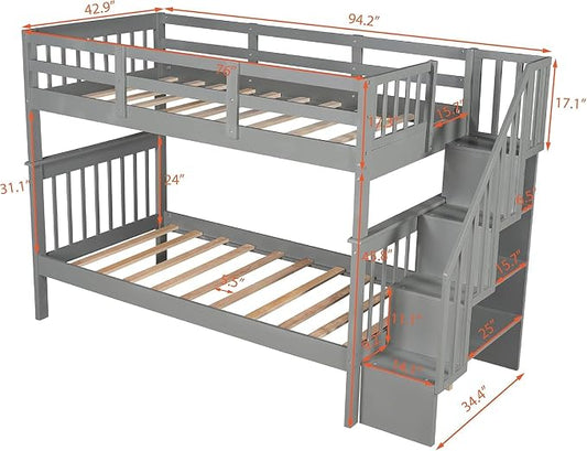 MERITLINE Twin Over Twin Bunk Bed with Storage Staircase, Solid Wood Stairway Convertible Bunk Bed with Stairs (Twin Over Twin,Grey)
