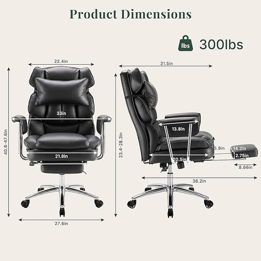 Executive Ergonomic Office Chair, PU Leather High Back Reclining Office Chair with Footrest and Lumbar Support, Height Adjustable Rolling Swivel Computer Chair for Home Office,Black