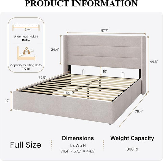 SHA CERLIN Full Size Lift Up Storage Bed/Modern Wingback Headboard/Upholstered Platform Bed Frame/Hydraulic Storage/No Box Spring Needed/Wood Slats Support/Light Beige