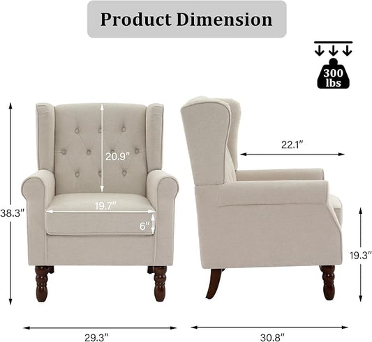High Back Accent Chair, High Wingback Chair for Living Room, Button-Tufted Upholstered Armchair with Solid Wood Legs, Comfy Club Chair Reading Chair for Bedroom, Beige