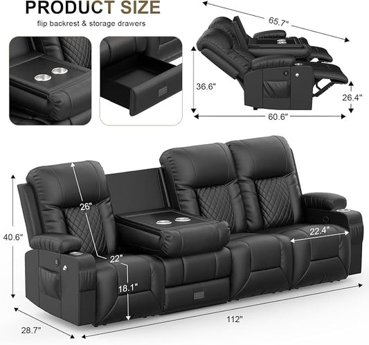 YONISEE 4 Seat Recliner Sofa with Flip Backrest Design, Loveseat Reclining Sofa with Storage Drawer, USB Ports, 2 Cell Phone Holder, Loveseat Recliner Couch for Living Room