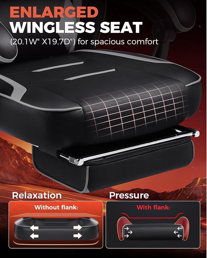 GTPLAYER Gaming Chair with Footrest, Big and Tall Computer Game Chair 350lb Racing Style, Ergonomic High Back Lumbar Support and Recliner, Moon Gray