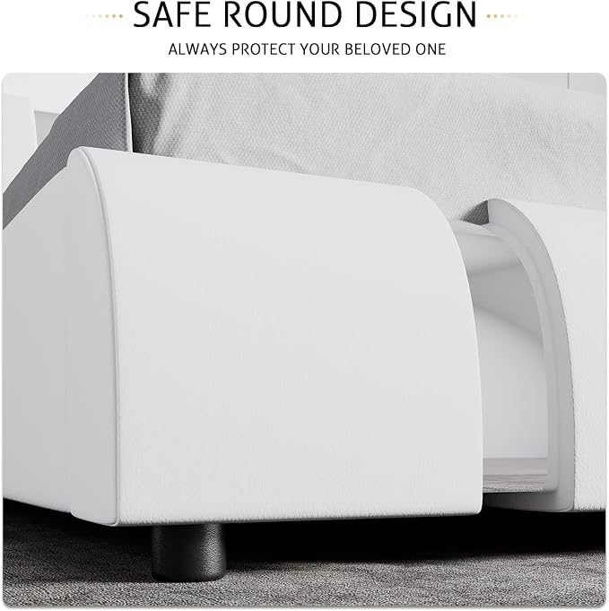 SHA CERLIN King Size Bed Frame with Iron Pieces Decor and Adjustable Headboard/Deluxe Upholstered Modern Platform Bed with Solid Wooden Slats Support/No Box Spring Needed, White