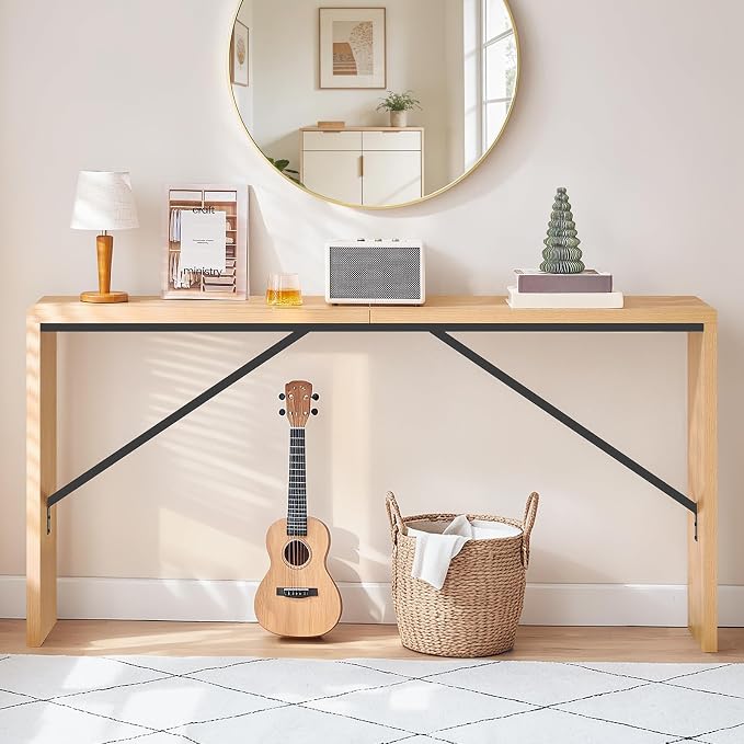 MAHANCRIS Console Table, 62.2" Long Sofa Table Behind Couch, Narrow Entryway Table, Farmhouse Dining Table with Angled Metal Frame, Industrial Console Table for Entryway, Natural CTNB15801