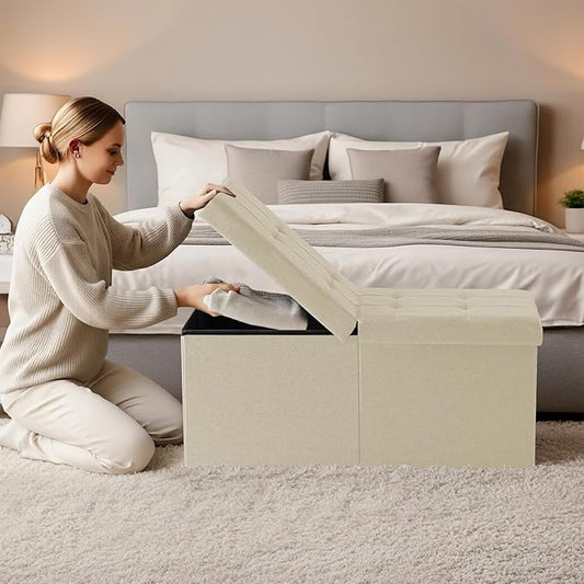 30-INCH Ottoman with Storage, Footrest Storage Bench, End of Bed Bench Coffee Table for Living Room, Bedroom, Entryway (Beige)