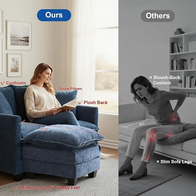 50'' L-Shape Loveseat Sofa with 22" Ottoman, 2 Seat Modern Cloud Couch with 2 Washable Pillows for Small Space Apartment Office Living Room Bedroom, Blue