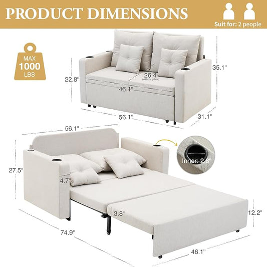 Busaurus 3 in 1 Convertible Sofa Bed, 56" Loveseat Sleeper Sofa Couch with Pullout Bed, Comfy Pull Out Sofa Bed with USB, Full Size Sleeper Sofa Bed for Living Room, Bedroom, Small Space, Beige