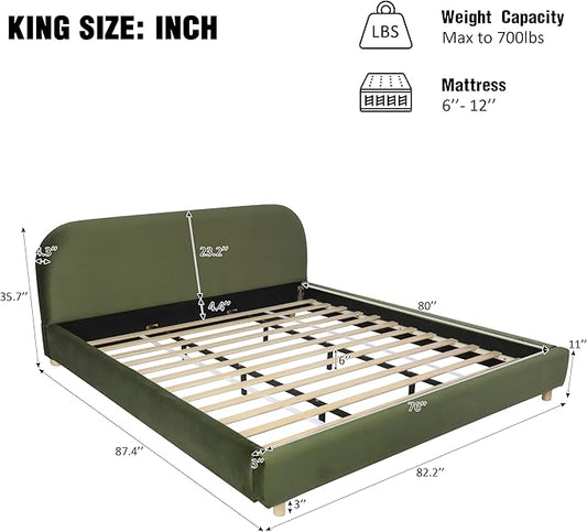 Merax King Size Teddy Fleece Thick Fabric Upholstered Platform Bed with Curved Shaped Headboard, Wood Bed Frame with Solid Round Legs for Kids Teens Adults, Olive Green
