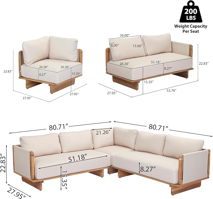 Merax 3 Piece Patio Outdoor Furniture Set, All-Weather V-Shaped Sectional Sofa with Cushions, Acacia Wood 5-Seater Couch Set for Porch, Lawn, Backyard, Balcony, Light Teak+ Beige