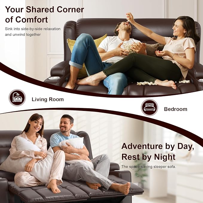RV Loveseat Recliner Sofa, PU Leather RV Reclining Loveseat with USB Charge Ports, Cup Holders, 2 Seater Manual Pull Tab Recliner Sofa Couches for Living Room/RV, Brown