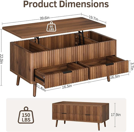 Lift Top Coffee Table with Storage - Fluted Wood Coffee Tables for Living Room with Drawers & Hidden Compartment, Mid Century Modern Square Large Center Table for Home Office Reception Walnut