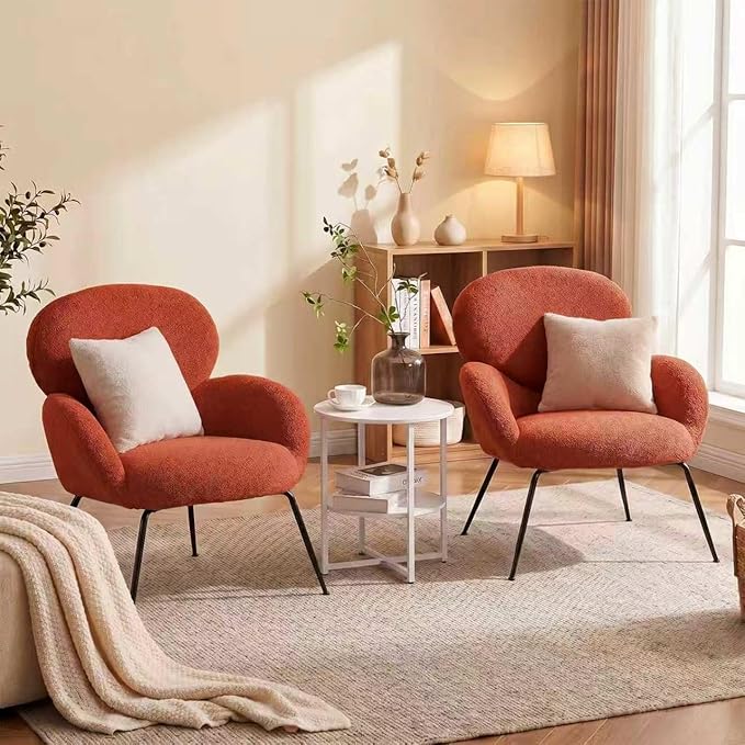 Accent Chair, Cloud Accent Chair for Bedroom, Boucle Fabric(Orange) | Comfy Bedroom Chair with Love Back and Sturdy And Durable Solid-Wood Frame/ Study Room / Bedroom / Living Room /(Cream Style)
