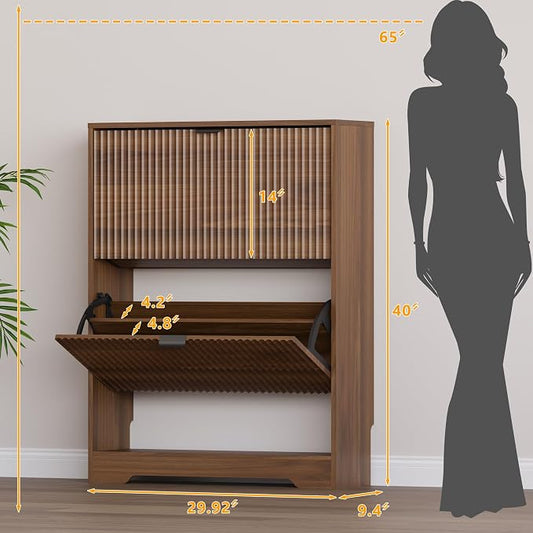 BORNOON Shoe Cabinet with 2 Flip Drawers, Fluted Shoe Storage Cabinet with Adjustable Shelves, Freestanding Rack and Organizer for Entryway, Closet, Hallway