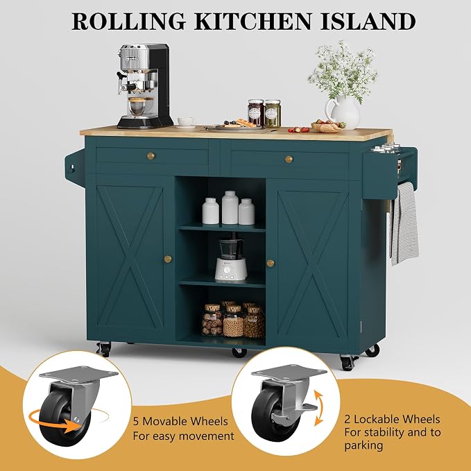 HLR Kitchen Island On Wheels, Dark Green Rolling Kitchen Islands Cart with Drop Leaf Countertop, Barn Door Kitchen Island with Storage Cabinet and Tower Rack, Island Table for Kitchen